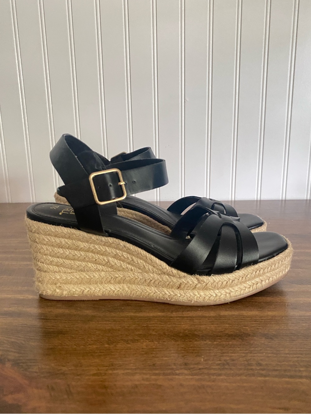 Black Espadrille Wedge Sandals with ankle buckle - Women size 7.5